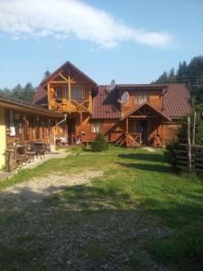 a large wooden house with a yard in front of it at Sadiba Pid Skeleyu in Putyla