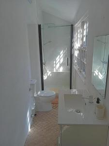 a white bathroom with a toilet and a sink at Retiro d'Azenha in Almoster