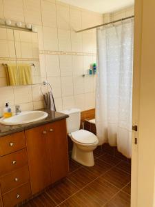 La salle de bains est pourvue de toilettes, d'un lavabo et d'une douche. dans l'établissement Amazing Villa with a private pool, à Protaras