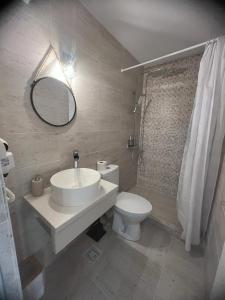 a bathroom with a sink and a toilet and a mirror at Ama Boutique in Constanţa