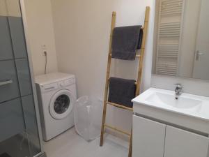 een badkamer met een wasmachine en een wastafel bij Logement de 100m2 avec terrasse in Wardrecques