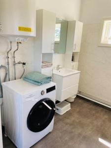 a bathroom with a washing machine and a sink at Trevligt fritidshus med stor terrasse mot sjöen in Skillingsfors