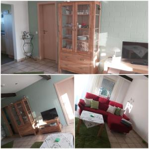 - deux photos d'un salon avec un canapé rouge dans l'établissement Haus Seestern, à Kalkar