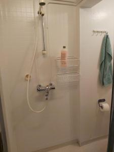 a shower in a bathroom with a shower at "Beach" Asunto Ilmastointilaitteella ja Älylukolla in Imatra