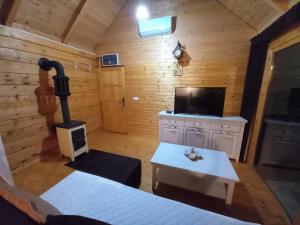 a room with a stove and a bed in a cabin at LAKE VIEW PREVLAKA in Cetinje