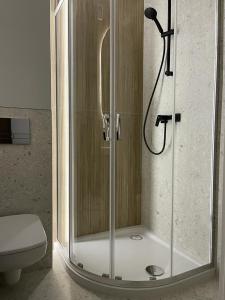 a shower with a glass door in a bathroom at Apartament Kasztanowa in Augustów