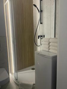 a bathroom with a shower and a toilet and towels at Apartament Kasztanowa in Augustów
