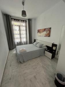1 dormitorio con cama y ventana grande en The Spot Central Hostel, en Sevilla