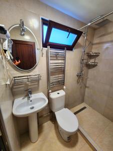 bagno con servizi igienici, lavandino e specchio di House&Yard Hellen 150m to beach a Ureki