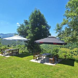 a group of picnic tables and umbrellas in the grass at Holiday home Vila Bjelašnica in Bjelašnica