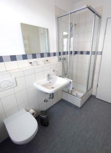 a bathroom with a toilet and a sink and a shower at Bräustüble Altenmünster in Altenmünster