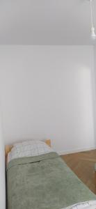 a bedroom with a bed with a green blanket at Apartament Kopernika in Nowe Miasto Lubawskie