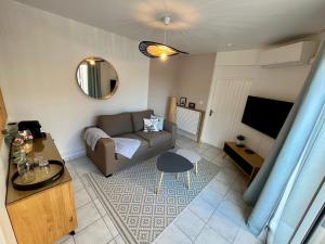 uma sala de estar com um sofá e uma televisão em La Villa des Dards em Miribel