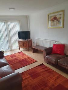 a living room with a couch and a tv at Quiet house 8 mins from NEC/AIRPORT in Marston Green