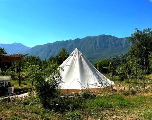 ein weißes Zelt auf einem Feld mit Bergen im Hintergrund in der Unterkunft Ljubicani Village Glamping in Virpazar