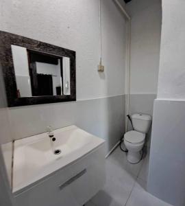 uma casa de banho com um lavatório, um WC e um espelho. em La place em Mactan