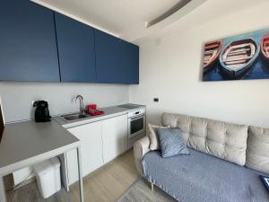 a living room with a couch and a kitchen at Miločer Apartman Beograd in Pržno