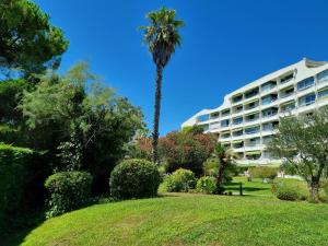 a palm tree in front of a building at Superbe T2 tout confort 3 étoiles, entièrement renové avec piscine, parking, clim, wifi, Netflix in La Grande-Motte