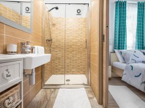 La salle de bains est pourvue d'un lavabo et d'une douche. dans l'établissement Apartment Ivana, à Roč