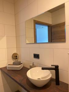 a bathroom with a white sink and a mirror at Apart Zangerle in Fliess