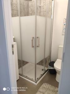 a shower stall in a bathroom with a toilet at Casa da Tia Amalia in Mértola