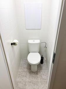 a bathroom with a white toilet in a stall at Apartmán Zlatá Hvězda in České Budějovice +5 photos