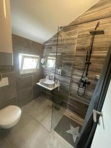 烏馬格的住宿－Zimmer Umago，带淋浴、卫生间和盥洗盆的浴室