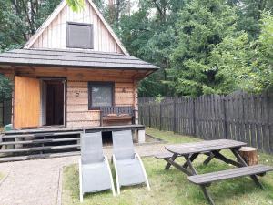 Cabaña de madera con 2 sillas y mesa de picnic en Chatka Góralska w Borkowie, en Borkowo