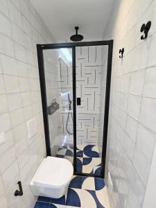 a bathroom with a toilet and a shower at The Singular - Downtown Studio in Faro