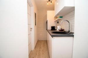 una pequeña cocina con fregadero y encimera en Oasis apartment en Pula