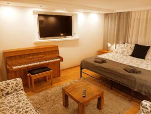 salon z łóżkiem i pianinem w obiekcie Hoffberg Apartment w przyziemiu (ground floor) w mieście Lublin