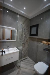 a bathroom with a shower and a toilet and a sink at Diar Nader in Midoun
