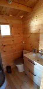 ein Blockhausbad mit einem WC und einem Waschbecken in der Unterkunft "Le Colibri" dans la colline in La Ciotat