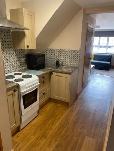 a kitchen with a stove and a sink in it at Netherton Studio Apartment 1 in Llandrillo-yn-Rhôs