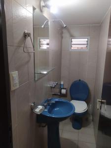 uma casa de banho com um lavatório azul e um WC. em Casa Pampa em Alta Gracia