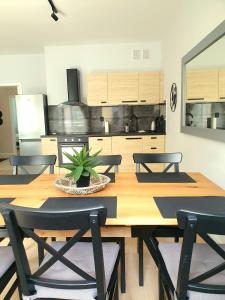 a dining room with a wooden table and chairs at Apartament Amber Dwie Sypialnie Stare Miasto in Elblag