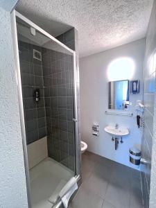 a bathroom with a shower and a sink at Hotel Frohnhauser Hof in Essen