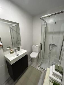 een badkamer met een douche, een wastafel en een toilet bij Green Suite in Albacete
