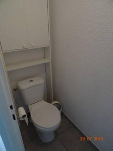 ein kleines Bad mit einem weißen WC in einem Zimmer in der Unterkunft Baby Home cosy à 1km de la mer in Saint-Cyprien