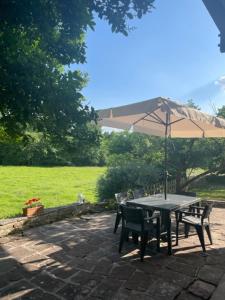 einen Picknicktisch mit einem Sonnenschirm und 2 Stühlen in der Unterkunft La Parenthèse gîte à la campagne in Fougerolles