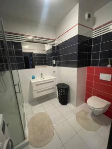 a bathroom with a toilet and a sink and a shower at Apartamenty Warszawska II in Rzeszów