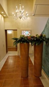 two large vases with plants in a room with a chandelier at Iris apartments in Monopoli