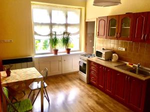 a kitchen with red cabinets and a table and a sink at Apartmán Flora in Olomouc