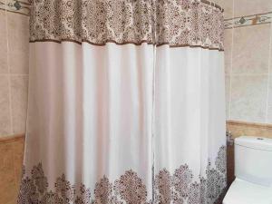 - Baño con cortina de ducha y aseo en Nikitas Luxury House, en Karpathos