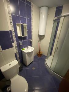 La salle de bains est pourvue de toilettes, d'un lavabo et d'une douche. dans l'établissement Holidays apartment Bourgas, à Bourgas