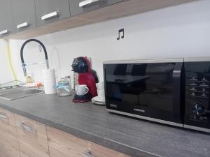 eine Küchentheke mit Mikrowelle und Spüle in der Unterkunft Hangjegy Apartman in Debrecen