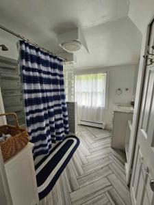 a bathroom with a blue and white shower curtain at Saratoga Track Concert Season Moonfish Cabana weekly rentals in Saratoga Springs