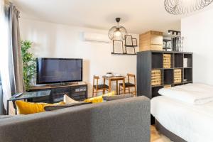 a living room with a couch and a tv at Maior 5 Apartamentos in Verín