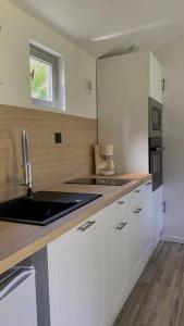 a kitchen with white cabinets and a black sink at Petite maison dans la prairie in Marmeaux