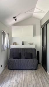een woonkamer met een bank in een kamer bij Petite maison dans la prairie in Marmeaux